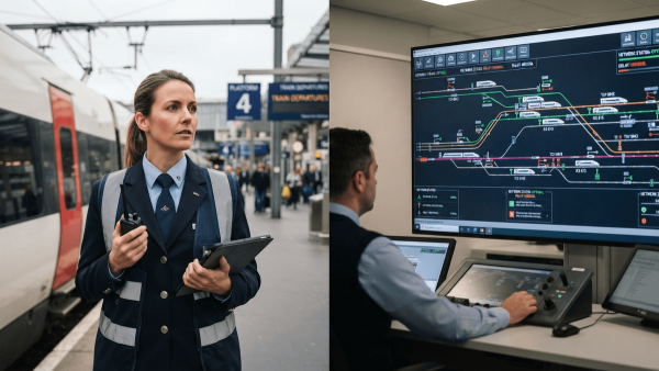 A split image showing a railway employee in uniform and a digital high-speed rail traffic management screen.