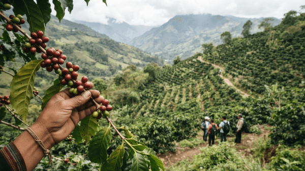 A close-up of coffee cherries on a branch with a blurred, green landscape in the background.