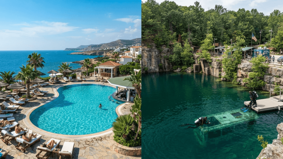 A composite image featuring a resort pool in Cyprus on the left and a scuba diving park in a quarry on the right.
