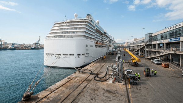 A cruise ship moored at a dock with equipment visible in the foreground under a clear sky.