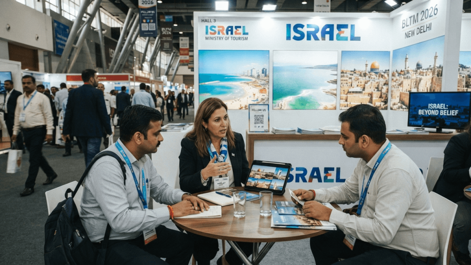Israel Ministry of Tourism booth at BLTM 2026 with delegates speaking to travel agents at a table in a convention center.