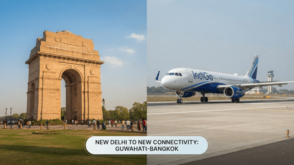 An IndiGo airplane on a runway positioned next to the India Gate monument in New Delhi.