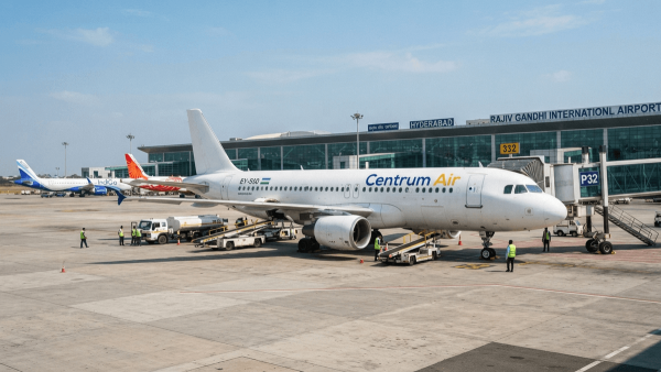 A Centrum Air plane parked on an airport tarmac with the airline logo visible on the side of the fuselage.
