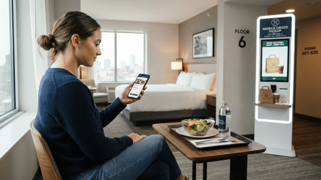 A guest holds a smartphone in a hotel room next to a tray, with a digital kiosk visible in the background.