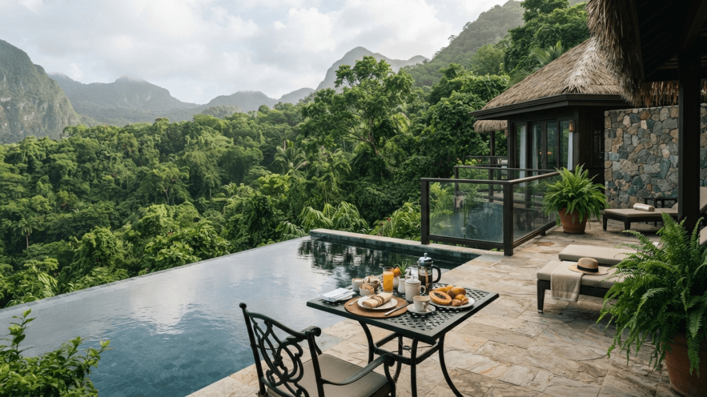 A private pool on a stone terrace overlooks a dense green rainforest with mountains in the background.