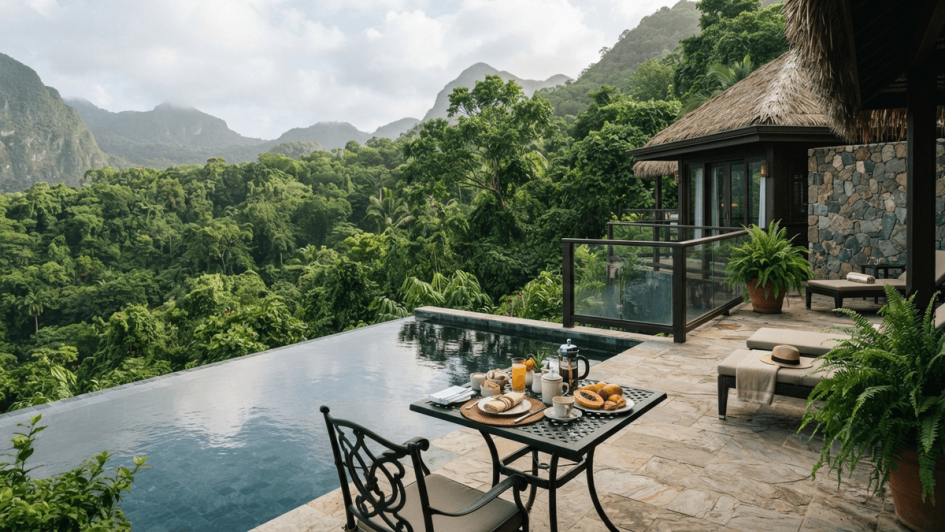 A private pool on a stone terrace overlooks a dense green rainforest with mountains in the background.