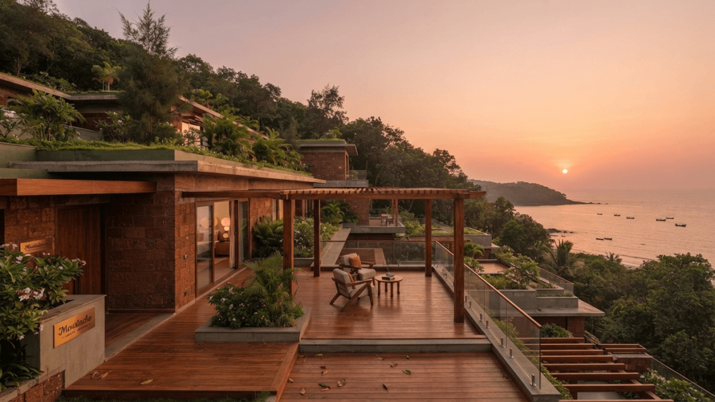 A building with a terrace overlooking the ocean and trees in Gokarna, Karnataka.