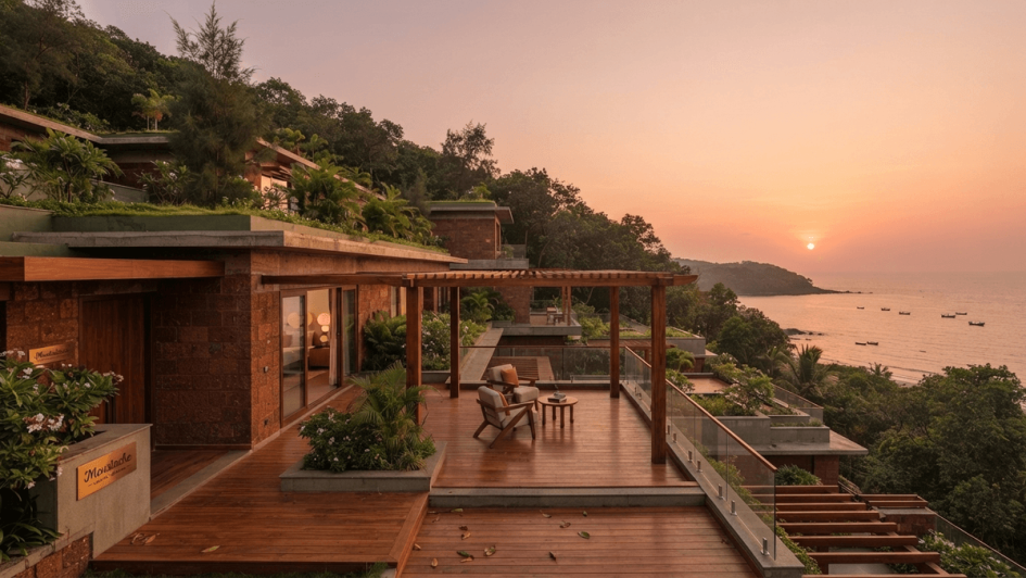 A building with a terrace overlooking the ocean and trees in Gokarna, Karnataka.