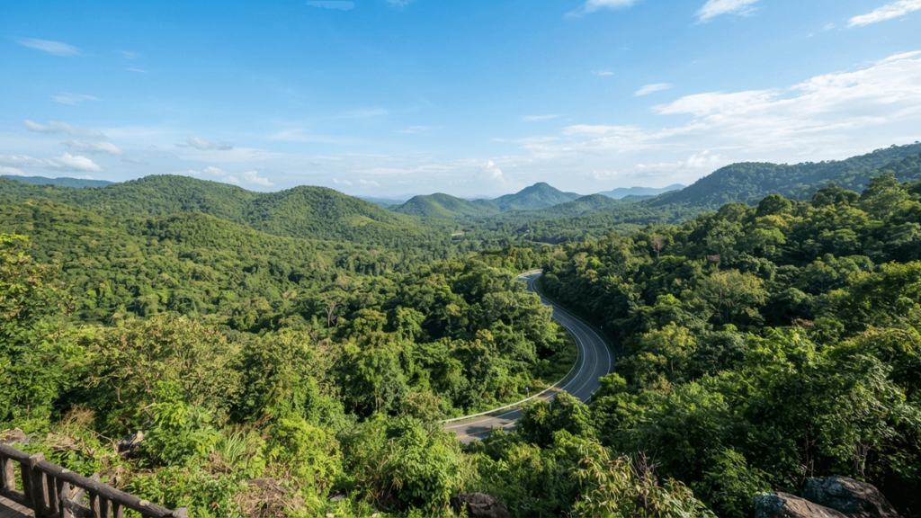 A wide-angle shot of rolling green hills and dense forest canopy in Khao Yai National Park under a clear blue sky.