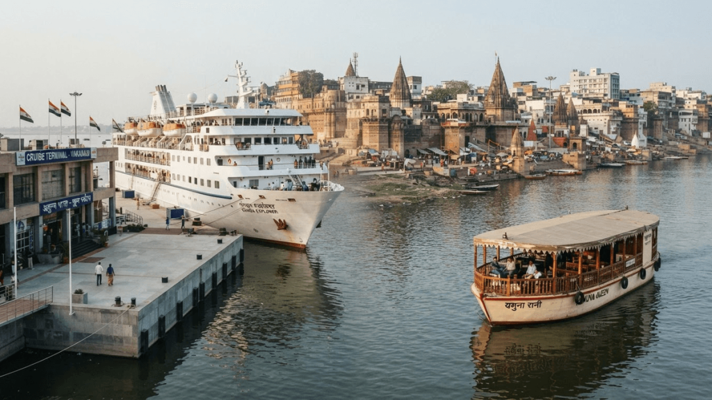 A large cruise ship docked at a pier next to a smaller river boat on a waterway in India.