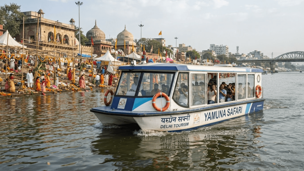 A boat with large windows travels along the Yamuna River in Delhi during the day.