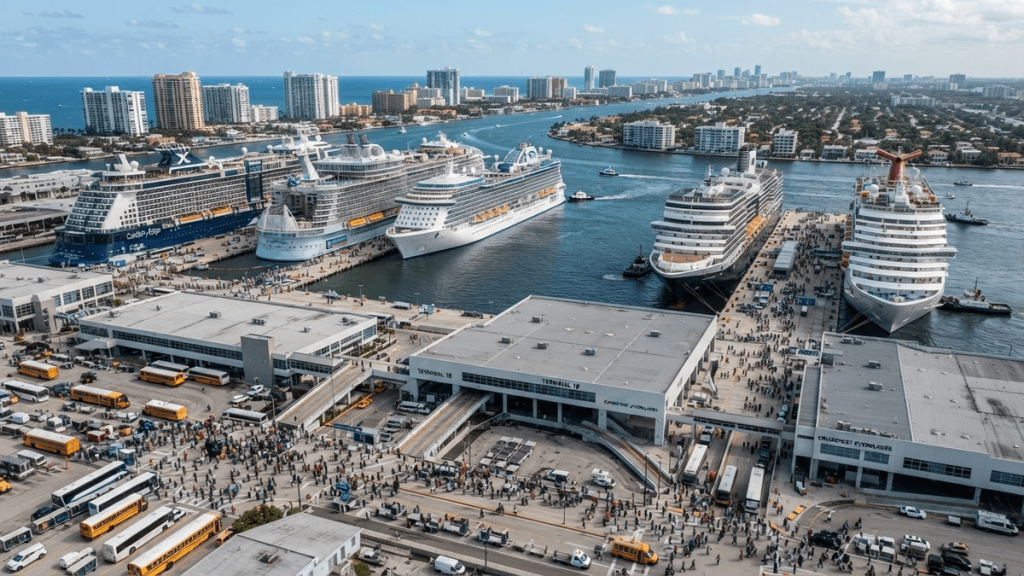 Aerial view of multiple large cruise ships docked at Port Everglades with passenger activity visible on the pier.